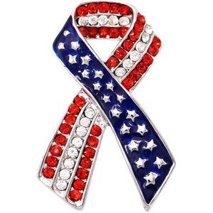 Patriotic Red White Blue Enamel and Crystal Ribbon Flag Brooch